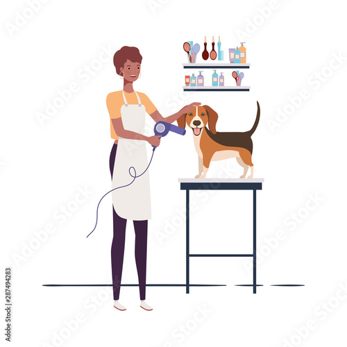 young woman with dog in pet groomer