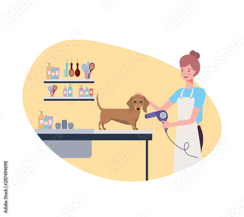 young woman with dog in pet groomer