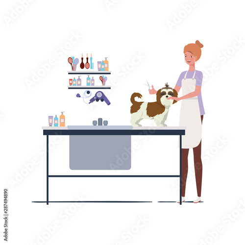 young woman with dog in pet groomer