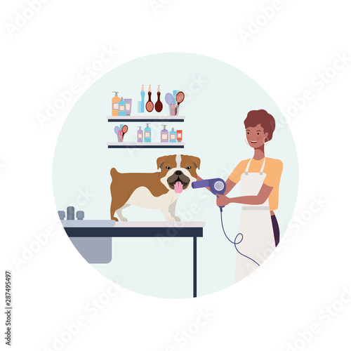 young woman with dog in pet groomer