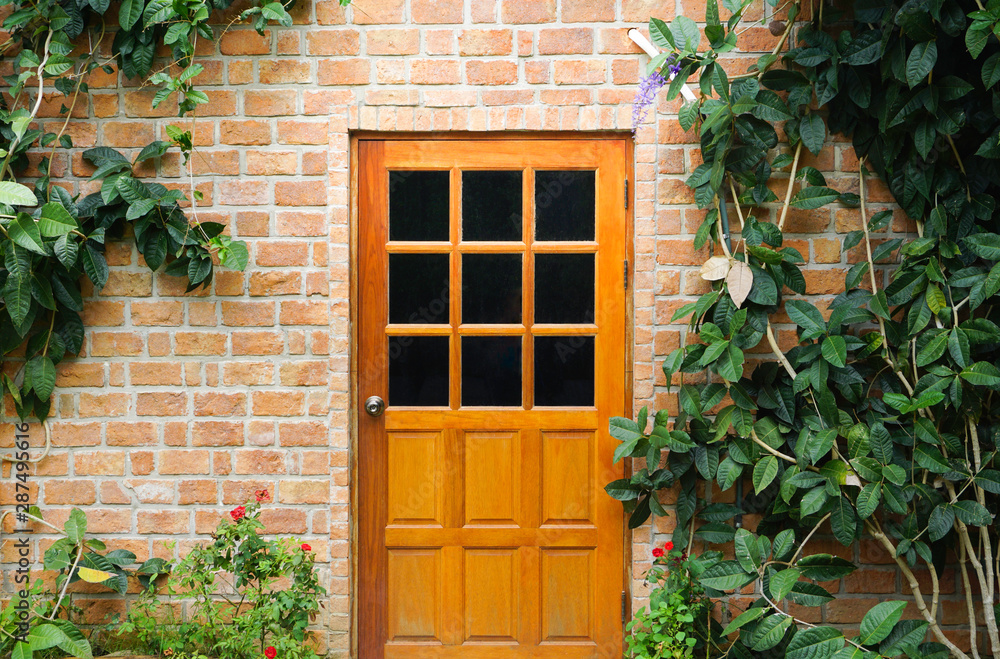 View of  beautiful exterior wooden door,front door have tree and flowers
