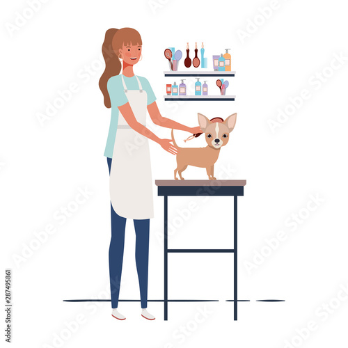 young woman combing a dog in pet groomer