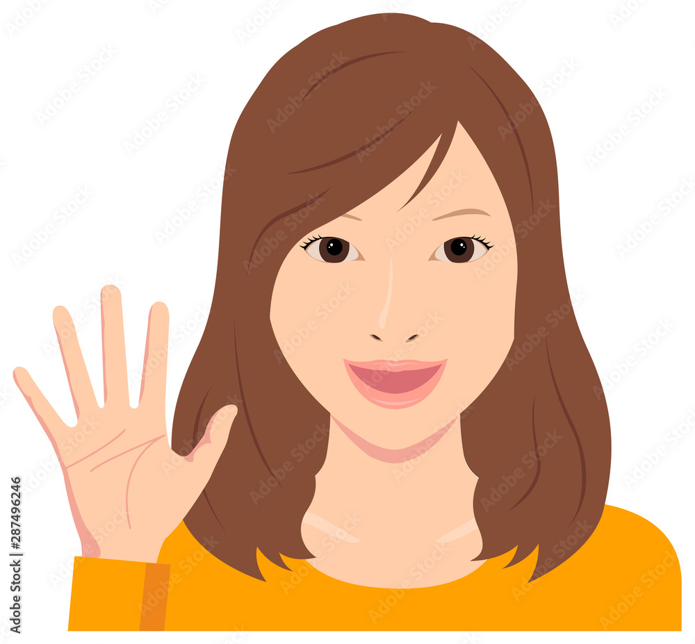 Young woman vector illustration (upper body) / open hand with smiling , good bye Young woman vector illustration (upper body) / open hand with smiling , good bye