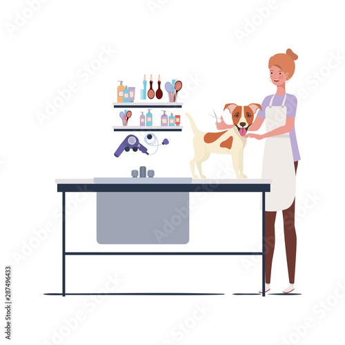 young woman with dog in pet groomer