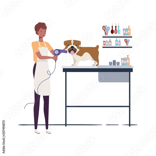 young woman with dog in pet groomer