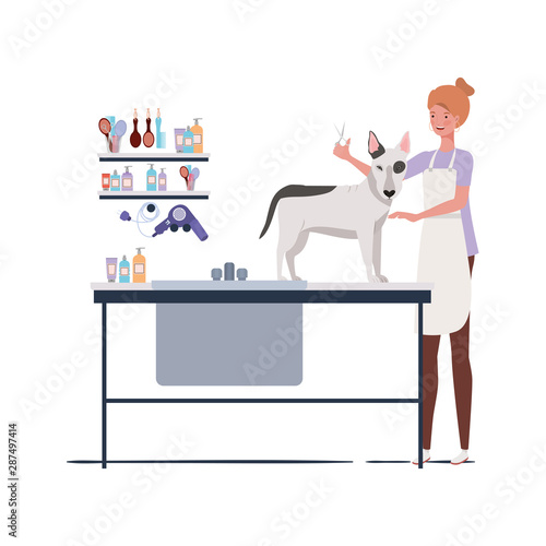 young woman with dog in pet groomer