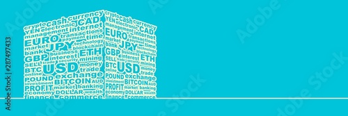 Word collage relative to trading. Illustration with different association terms. Cube shape. Horizontal thin line style web banner.
