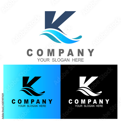 letter k logo with wave design vector, vector ecology element for letter k and wave