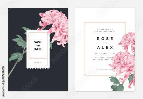 Minimalist floral wedding invitation card template design, pink Chrysanthemum morifolium flower with leaves, vintage theme