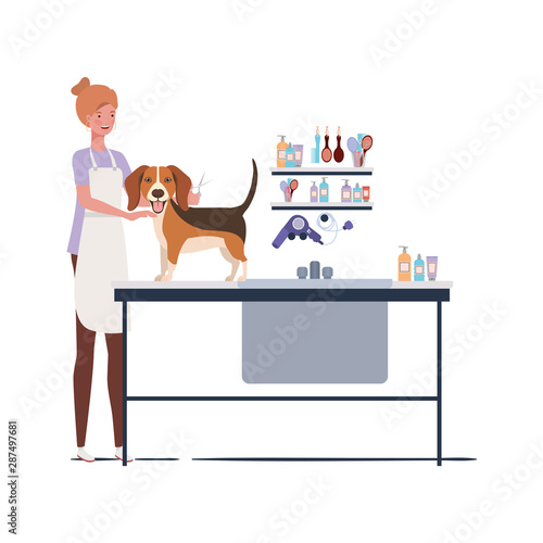 young woman with dog in pet groomer
