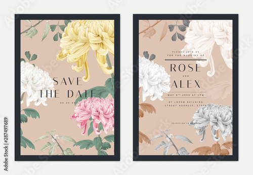 Foto Floral wedding invitation card template design, Chrysanthemum morifolium flowers