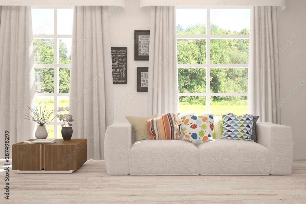 Fototapeta premium Stylish room in white color with sofa and summer landscape in window. Scandinavian interior design. 3D illustration