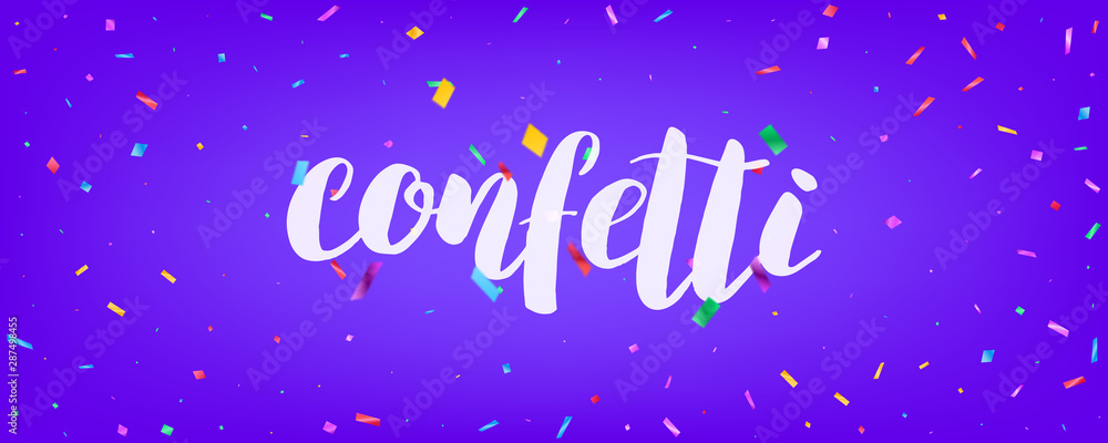 Confetti banner vector design. Holiday background design with colorful particles and lettering