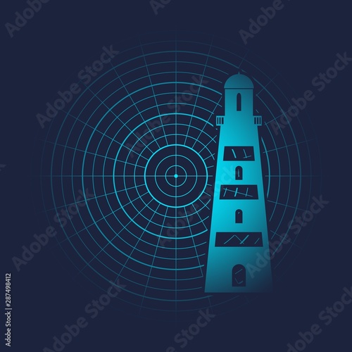 Sea travel and journey relative icon. Lighthouse emblem on radar display