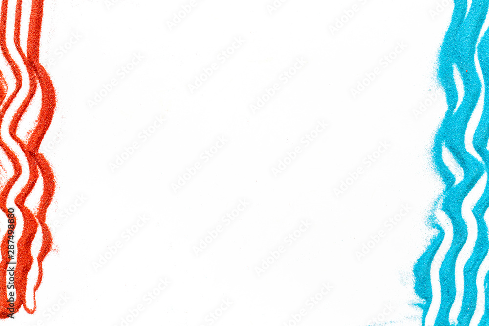 Blog or presentation frame with blue and red sand texture on white background top view mockup Blog or presentation frame with blue and red sand texture on white background top view mockup