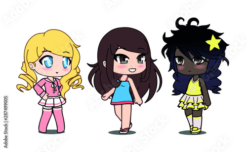 Cute girls characters cartoons isolated vector illustration. caucasian, hispanic and afro friends in manga chibi style photo