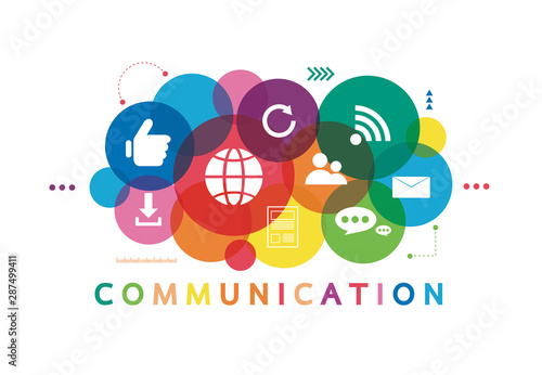 Vector illustration of a communication concept. The word communication with colorful dialog speech bubbles photo