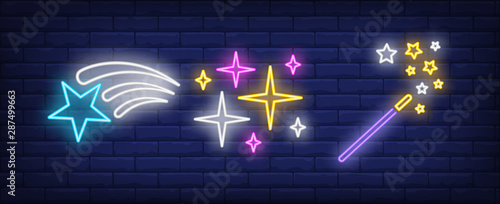 Stars and magic wand neon signs set