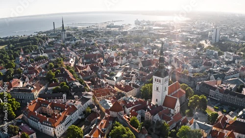 Tallinn, Estonia: morning drone panorama view of old town with seaport (Tallinna vanasadam) photo