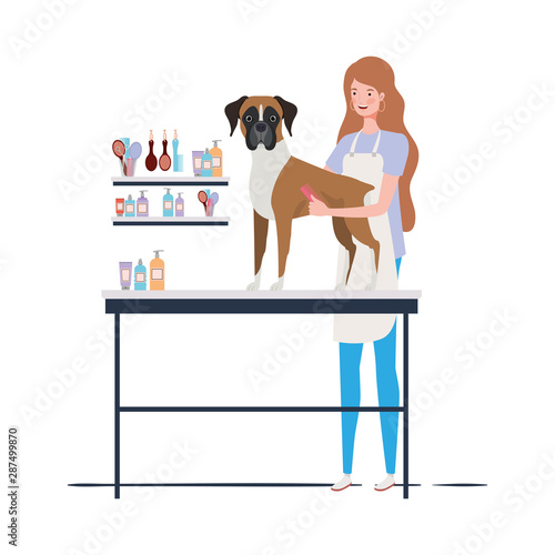 young woman with dog in pet groomer