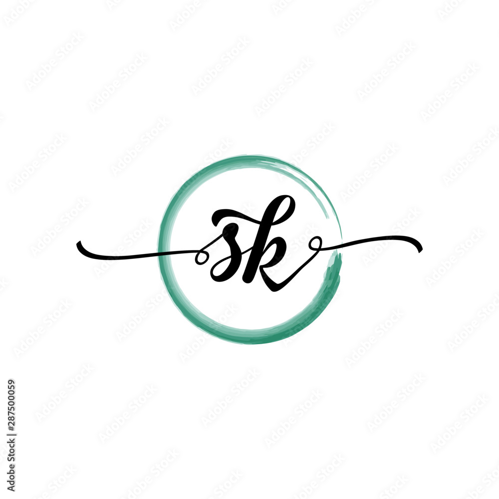 Fototapeta premium SK initial handwriting logo template. round logo in watercolor color with handwritten letters in the middle. Handwritten logos are used for, weddings, fashion, jewelry, boutiques and business