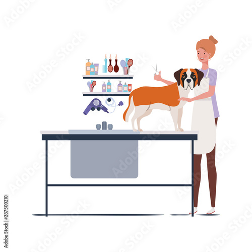 young woman with dog in pet groomer
