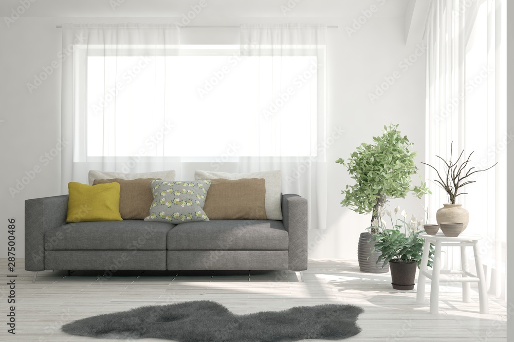 Fototapeta premium Stylish room in white color with sofa. Scandinavian interior design. 3D illustration