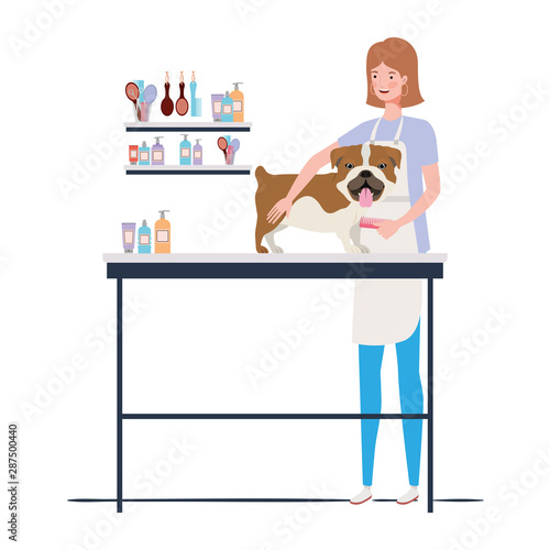 young woman with dog in pet groomer