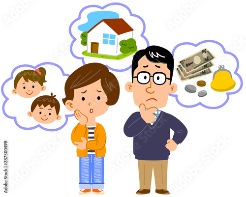 お金や家、子供について悩む夫婦の全身イラスト