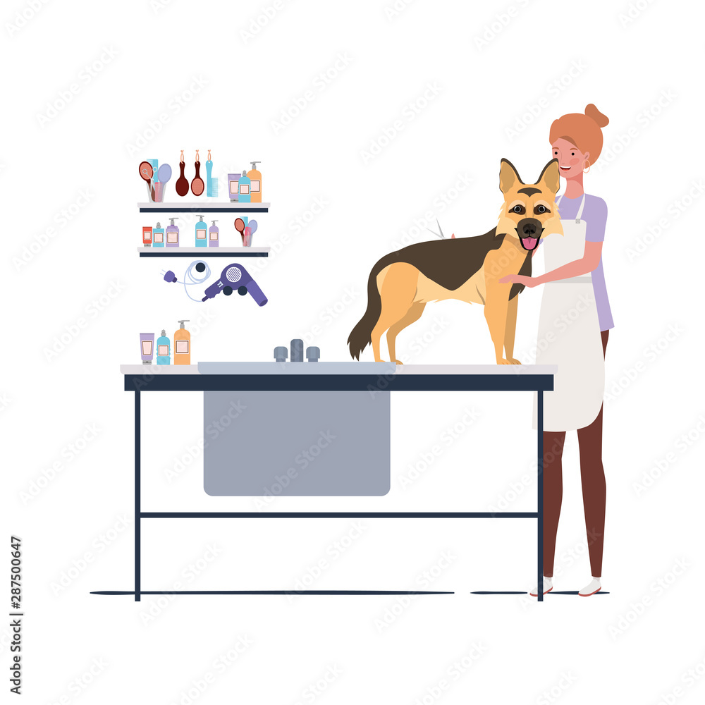 young woman with dog in pet groomer