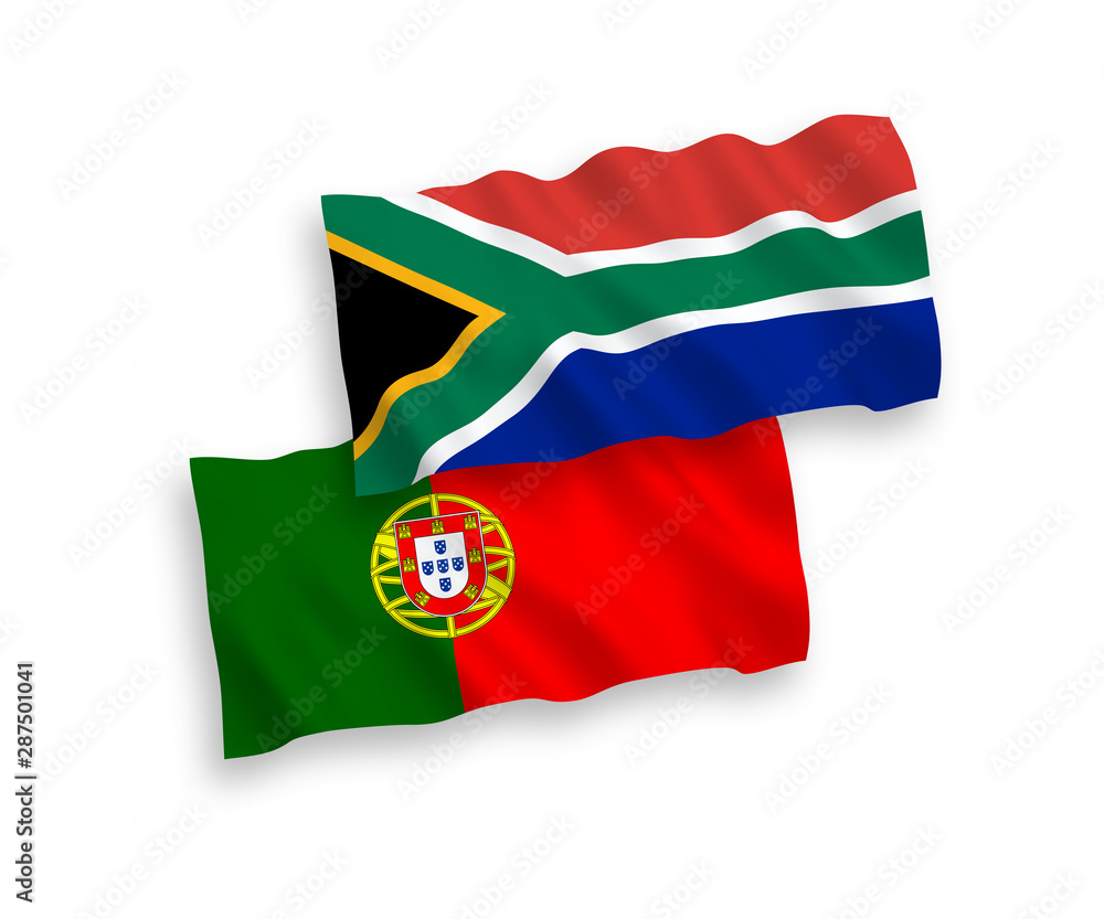 National vector fabric wave flags of Portugal and Republic of South Africa isolated on white background. 1 to 2 proportion. National vector fabric wave flags of Portugal and Republic of South Africa isolated on white background. 1 to 2 proportion.