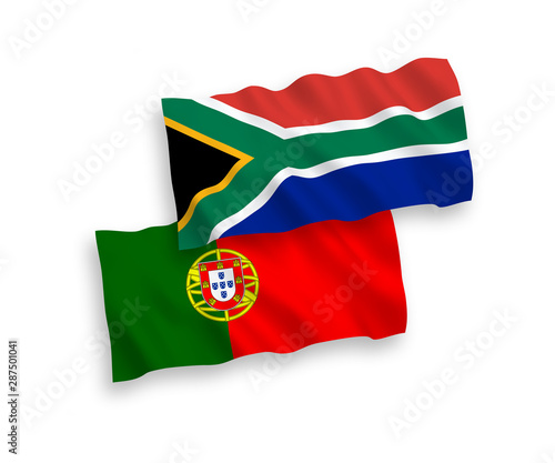 National vector fabric wave flags of Portugal and Republic of South Africa isolated on white background. 1 to 2 proportion.