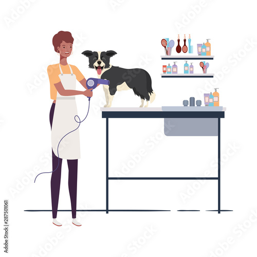 young woman with dog in pet groomer