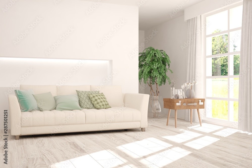 Fototapeta premium Stylish room in white color with sofa and summer landscape in window. Scandinavian interior design. 3D illustration