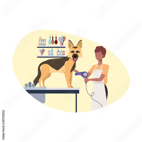 young woman with dog in pet groomer