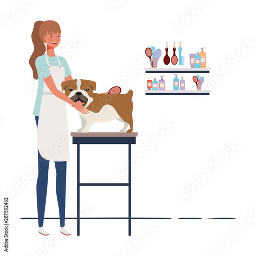 young woman combing a dog in pet groomer