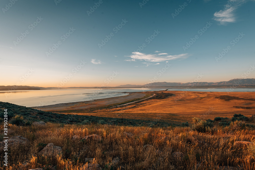 View of the Great Salt Lake at sunset, at Antelope Island State Park, Utah