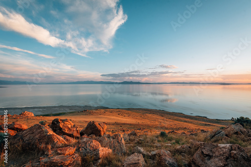 View of the Great Salt Lake at sunset, at Antelope Island State Park, Utah