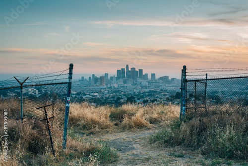 Sunset view of the downtown Los Angeles skyline from Ascot Hills Park, in Los Angeles, California