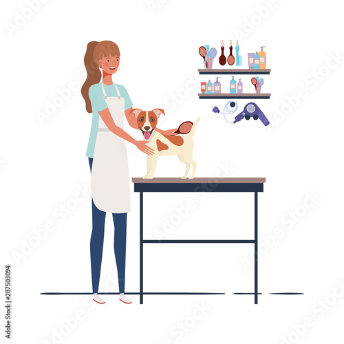 young woman with dog in pet groomer