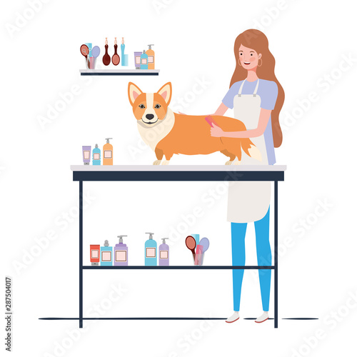 young woman with dog in pet groomer