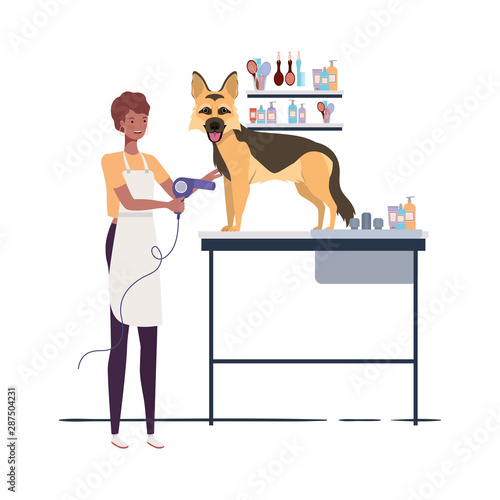 young woman with dog in pet groomer