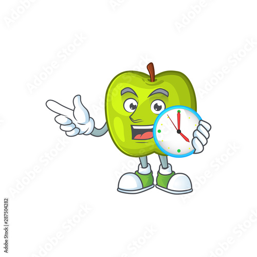 With clock character granny smith green apple with mascot