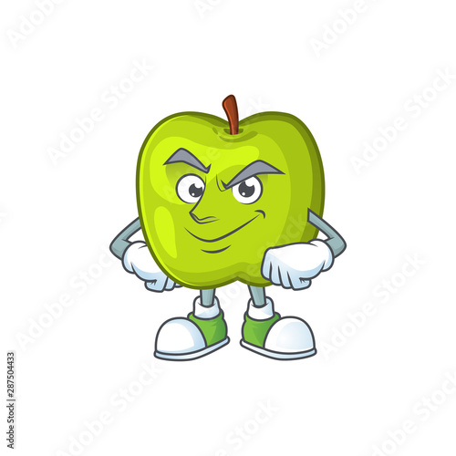 Smirking character granny smith green apple with mascot