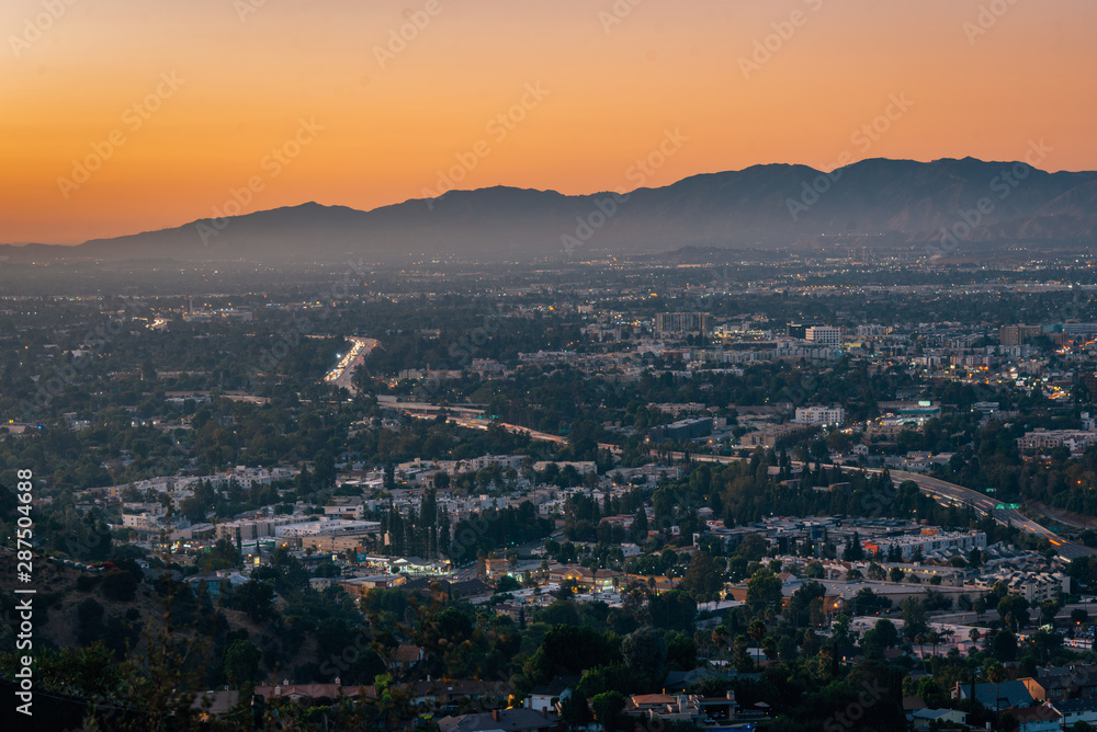 View of the San Fernando Valley at sunset, from Mulholland Drive, in Los Angeles, California