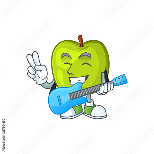 With guitar granny smith green apple cartoon mascot