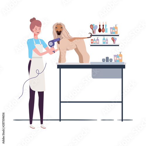 young woman with dog in pet groomer