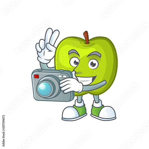 Photographer granny smith green apple cartoon mascot