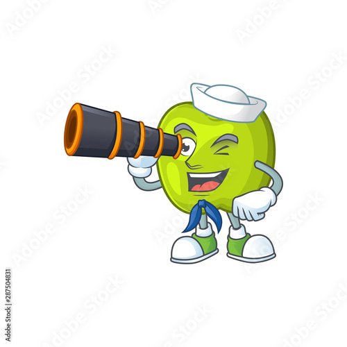 Sailor with binocular granny smith green apple cartoon mascot