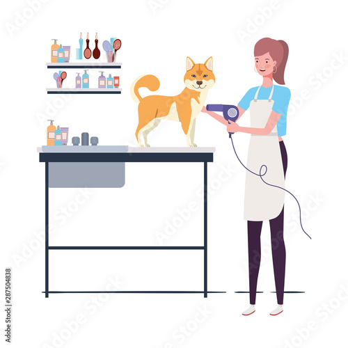 young woman with dog in pet groomer